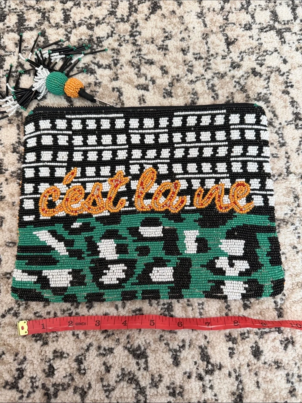 Beaded 'c'est la vie' Clutch in Black, White & Green